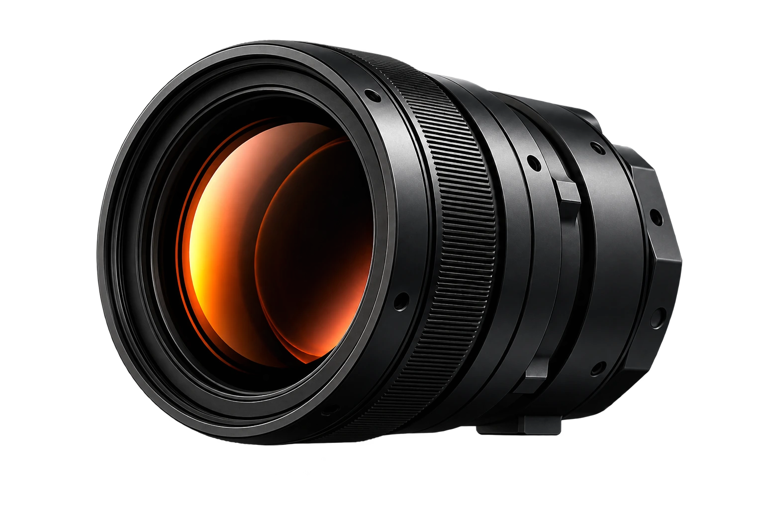 Infrared optics illustration with precision metal housing and warm lens reflections