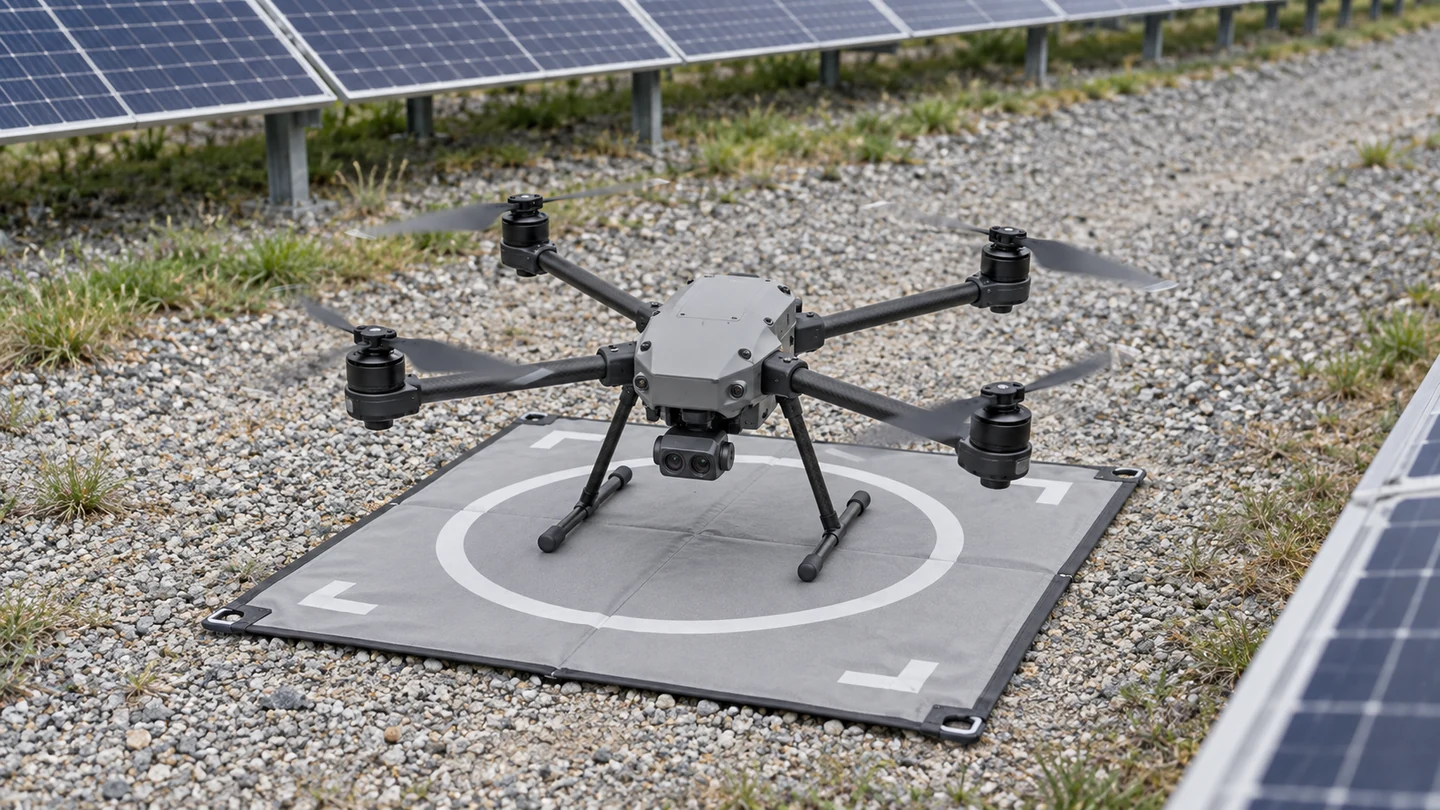 Application illustration of a civilian inspection drone with an imaging payload on a landing pad beside solar panels.
