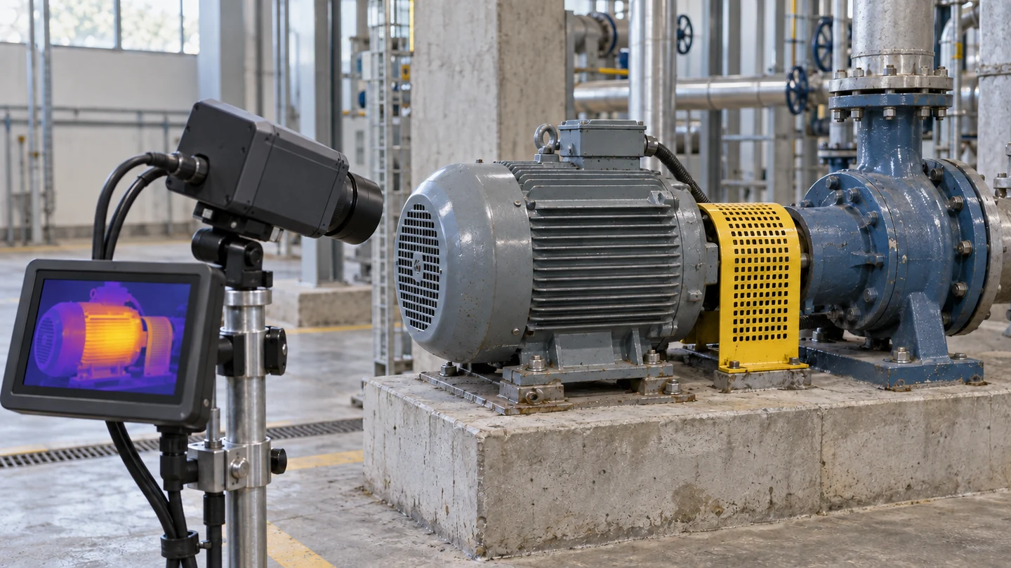 Application illustration of a fixed infrared camera aimed at an industrial motor, with a connected thermal display.