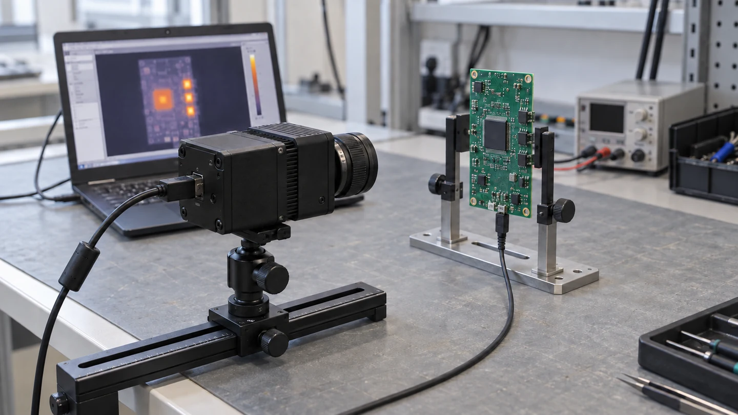Application illustration of a thermal camera evaluation bench with an upright circuit board and a connected laptop.