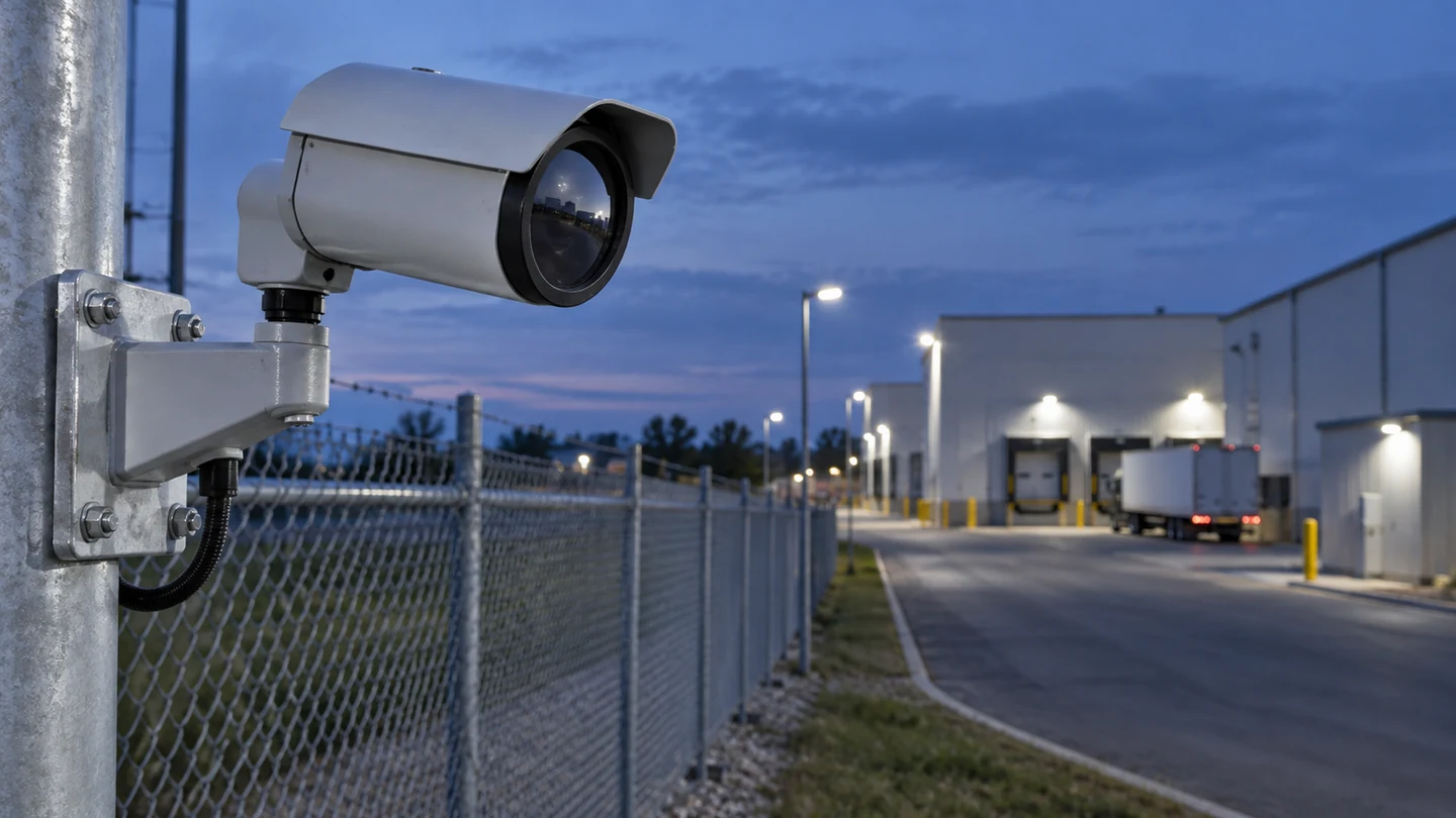 Application illustration of an outdoor infrared camera installed beside a logistics facility perimeter at dusk.